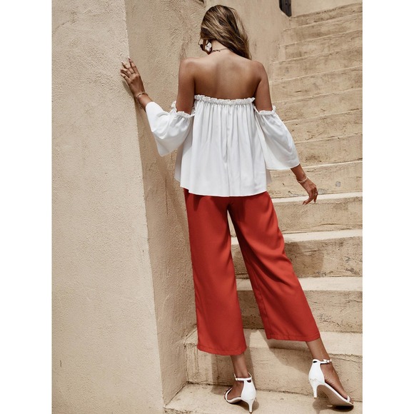 2 piece set: boho Off The Shoulder Frill Trim crop Top & wide leg pants blue - Picture 9 of 11